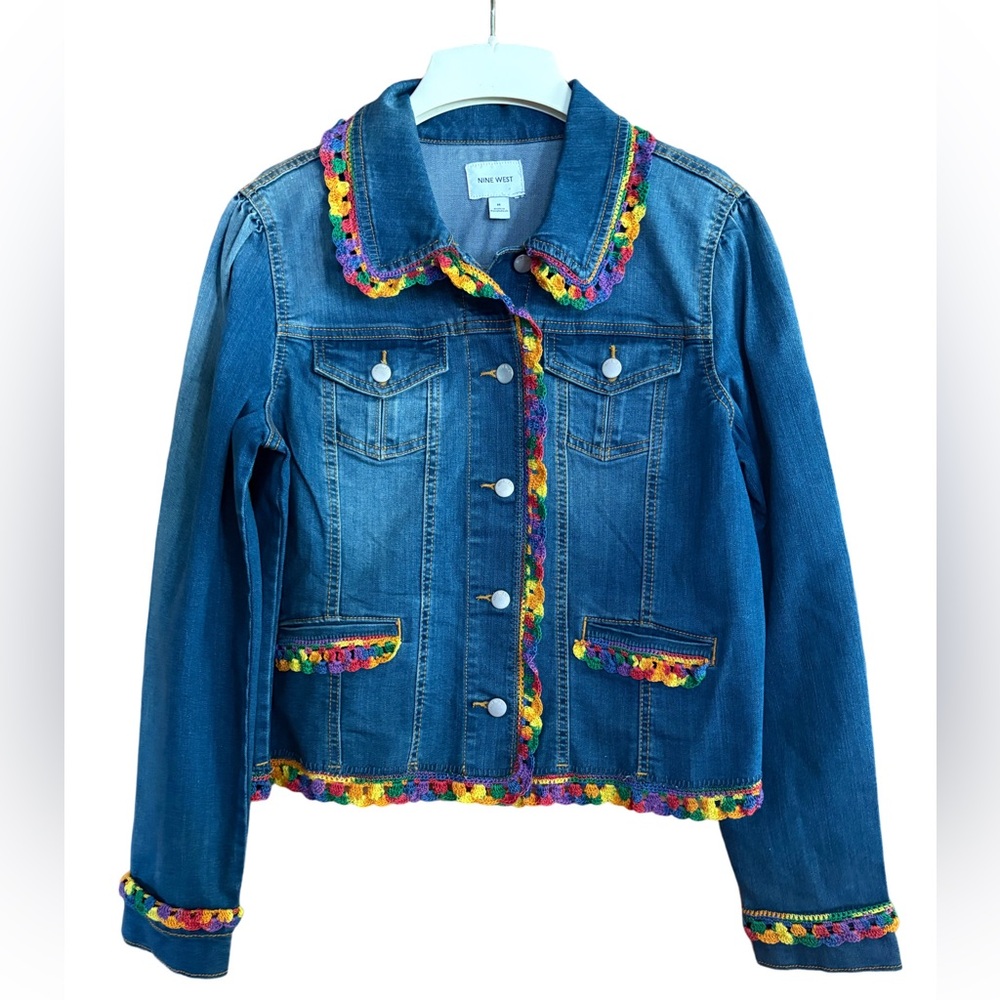 Nine West ‘20 Medium Cropped Denim Jacket Cottage Core Upgrade Colorful Trim